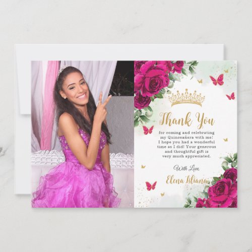 Fuchsia Hot Pink Floral Quinceaera Sweet 16 Photo Thank You Card