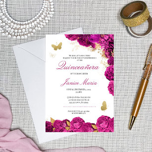 Fuchsia and Gold Floral Quinceañera Invitation, Printable