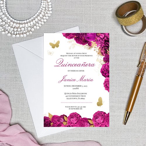 Fuchsia Hot Pink Gold Floral Butterfly Quinceaera Invitation