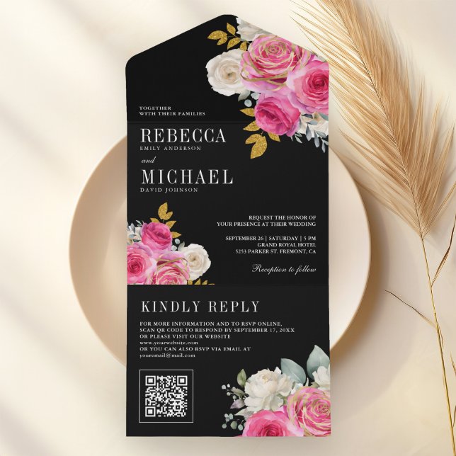 Fuchsia Hot Pink Rose Floral QR Code Black Wedding All In One Invitation (Creator Uploaded)