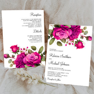Fuchsia Hot Pink Roses All in One Wedding Invitation
