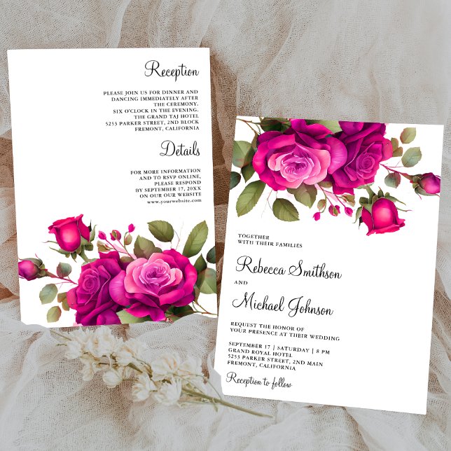 Fuchsia Hot Pink Roses All in One Wedding Invitation (Creator Uploaded)