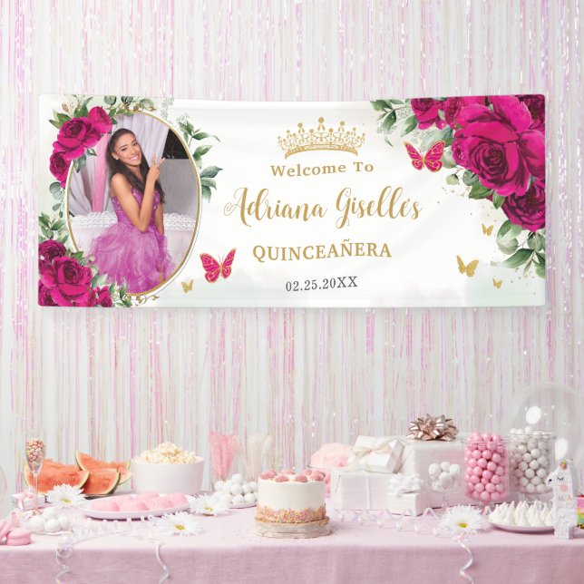 Fuchsia Hot Pink Roses Floral Quinceañera Photo Banner (Party)