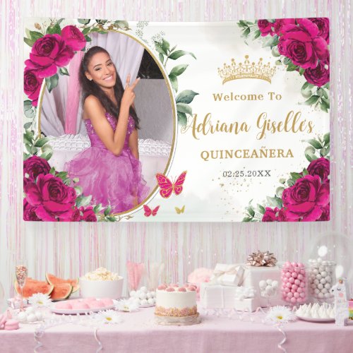 Fuchsia Hot Pink Roses Floral Quinceaera Photo Banner