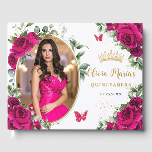 Fuchsia Hot Pink Roses Floral Quinceanera Photo Guest Book