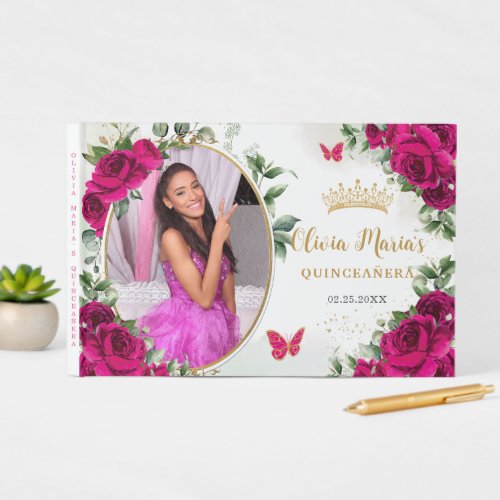 Fuchsia Hot Pink Roses Floral Quinceanera Photo Guest Book