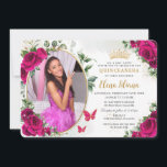 Fuchsia Hot Pink Roses Floral Quinceañera  Photo Invitation<br><div class="desc">Personalize this vibrant invitation card easily and quickly,  simply click the customize it further button to edit the texts,  change fonts and fonts colors. Featuring beautiful vibrant fuchsia roses,  a space to place your picture and fuchsia and gold butterflies. Matching items available in store. (c) Somerset Fine Paperie</div>