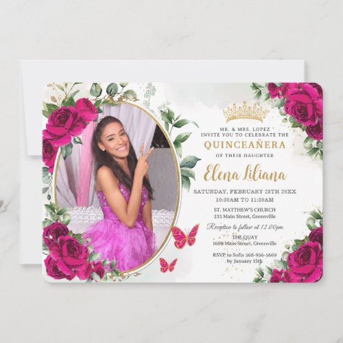 Fuchsia Hot Pink Roses Floral Quinceaera  Photo Invitation