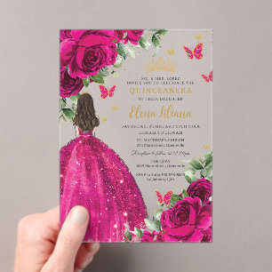 Fuchsia Hot Pink Roses Floral Quinceañera Sweet 16 Acrylic Invitations