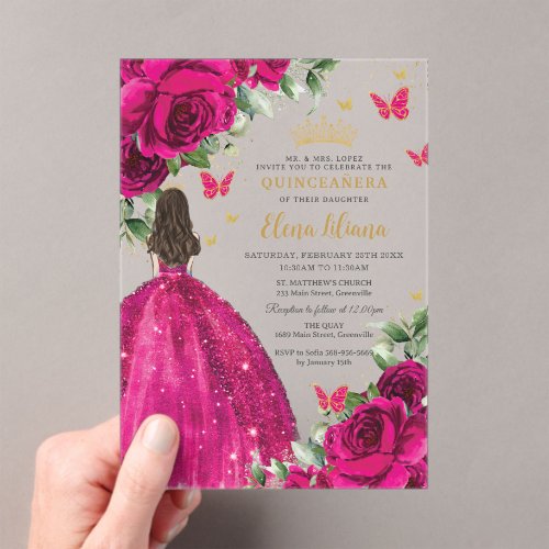 Fuchsia Hot Pink Roses Floral Quincea&#241;era Sweet 16 Acrylic Invitations