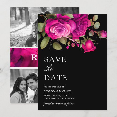 Fuchsia Hot Pink Roses Photo Collage Black Wedding Save The Date
