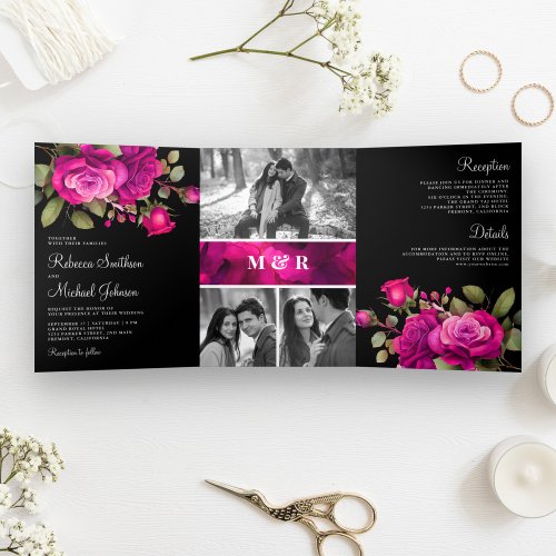 Fuchsia Hot Pink Roses Photo Collage Black Wedding Tri_Fold Invitation