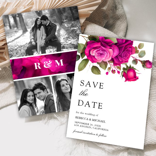 Fuchsia Hot Pink Roses Photo Collage Wedding Save The Date (Creator Uploaded)