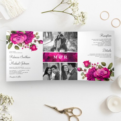 Fuchsia Hot Pink Roses Photo Collage Wedding Tri_Fold Invitation