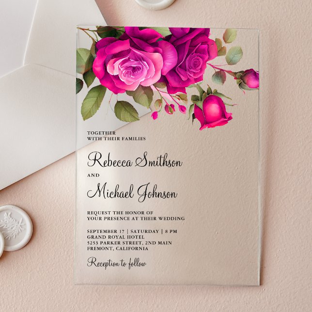 Fuchsia Hot Pink Roses Wedding Acrylic Invitations (Creator Uploaded)