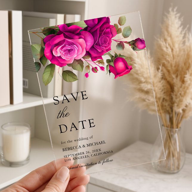 Fuchsia Hot Pink Roses Wedding Save the Date (Creator Uploaded)