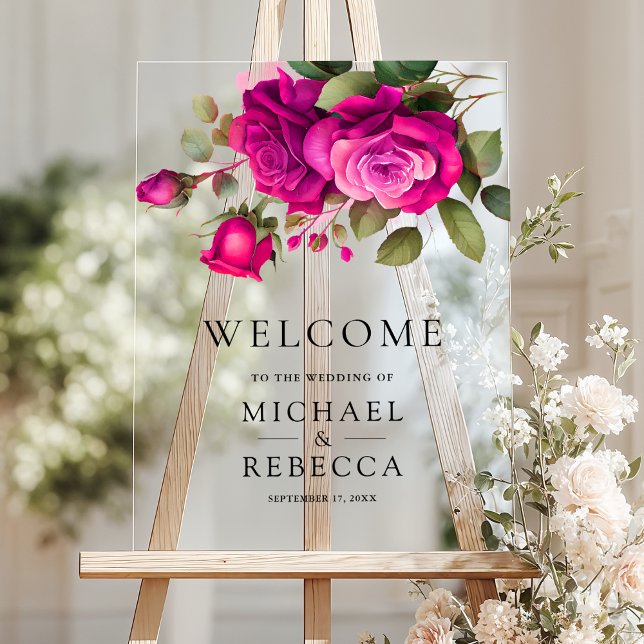 Fuchsia Hot Pink Roses Wedding Welcome Acrylic Sign (Creator Uploaded)