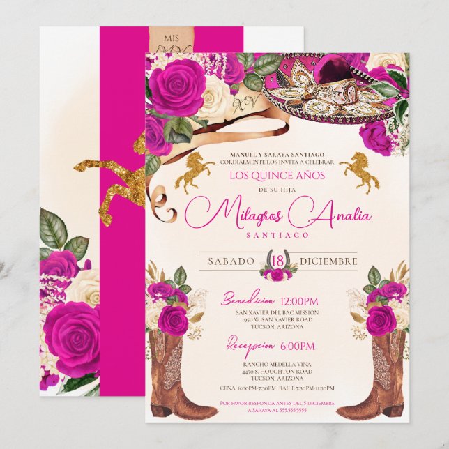 Fuchsia Hot Pink Roses Western Charro Quinceañera Invitation (Front/Back)