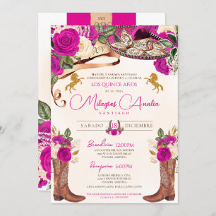Fuchsia Hot Pink Roses Western Charro Quinceañera Invitation