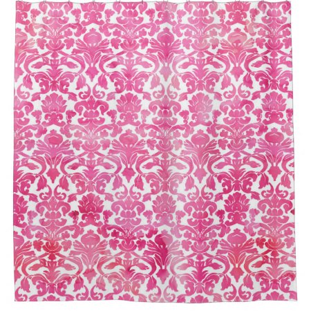 Fuchsia Hot Pink Watercolor Damask Shower Curtain