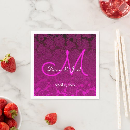 Fuchsia Hot Pink White Elegant Wedding Monogram Napkins