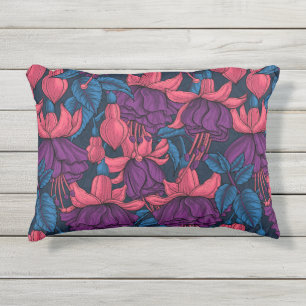 Fuchsia in blue and purple outdoor pillow