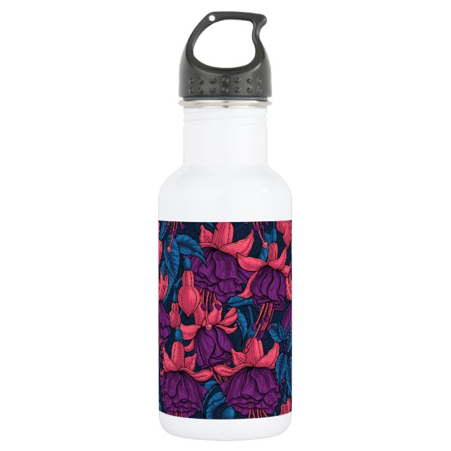 Fuchsia in blue and purple stainless steel water bottle (Front)