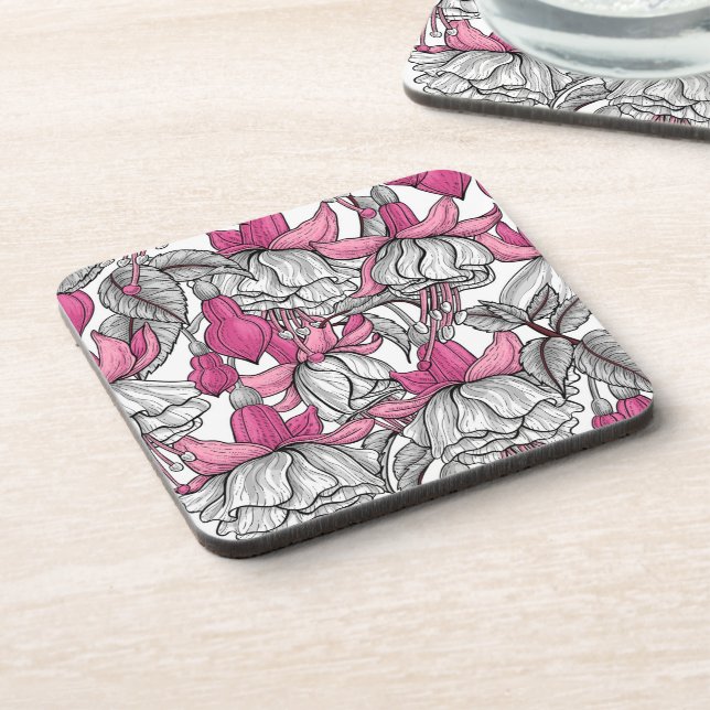 Fuchsia in white and pink beverage coaster (Left Side)