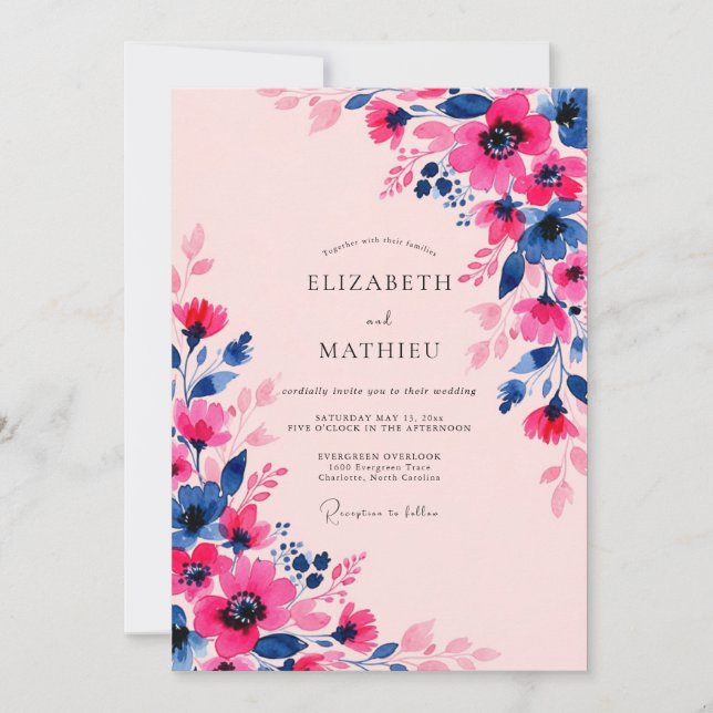 Fuchsia Indigo Blossoming Spring Wedding Invitation (Front)