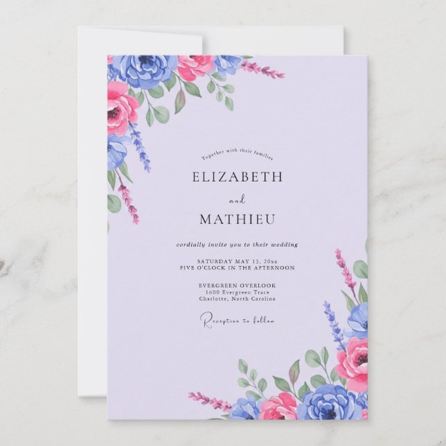 Fuchsia Indigo Leafy Wedding Invitation (Front)