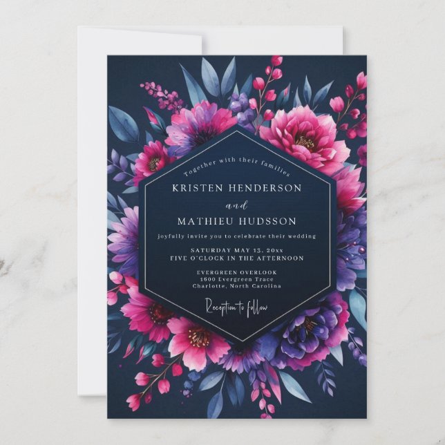 Fuchsia Indigo Nocturne Wedding Invitation (Front)