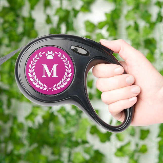 Fuchsia Laurel Wreath Dog Paw Monogram Retractable Pet Leash (Hand)