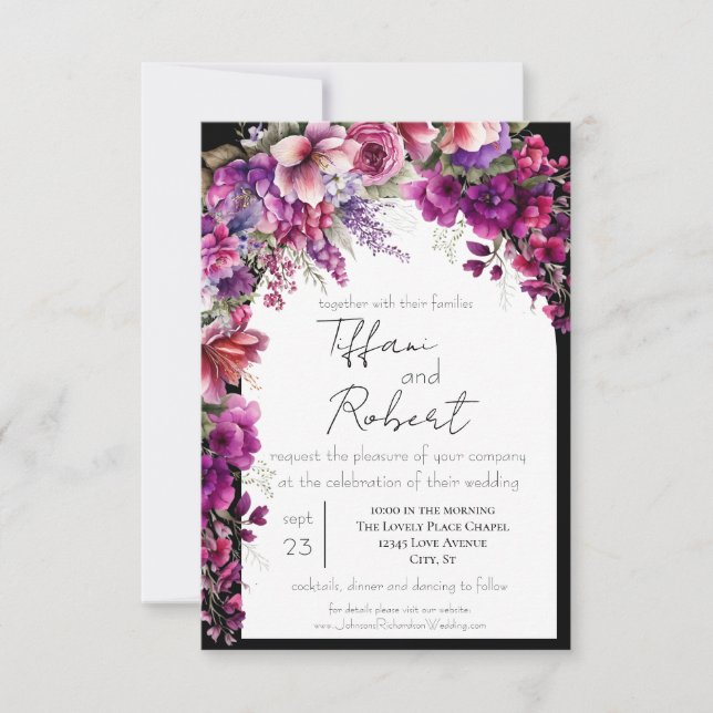 Fuchsia Lavender Floral Arch Wedding Invitation (Front)