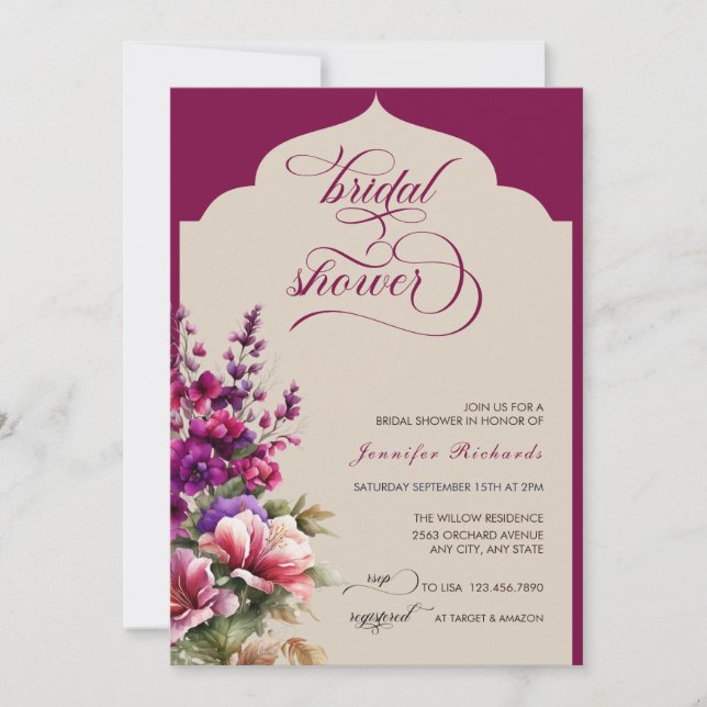 Fuchsia | Lavender | Watercolor Bridal Shower  Invitation (Front)