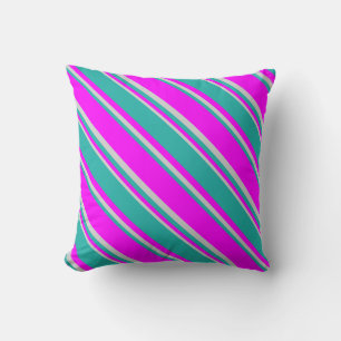 Fuchsia, Light Sea Green, and Light Grey Stripes Throw Pillow