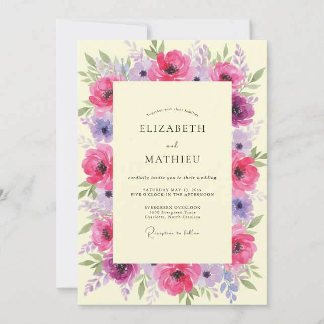 Fuchsia Lilac Peony Wedding Invitation (Front)
