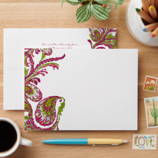 Fuchsia Lime Vintage Peacock Wedding Envelope