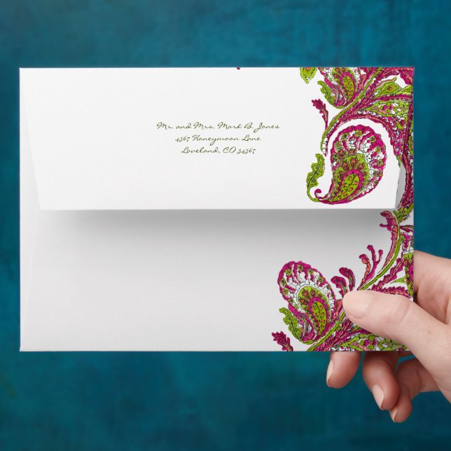 Fuchsia Lime Vintage Peacock Wedding Envelope (Hand)