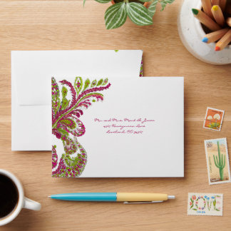 Fuchsia Lime Vintage Peacock Wedding RSVP Envelope