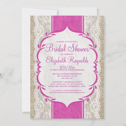 Fuchsia Linen Burlap Lace Bridal Shower Invitation