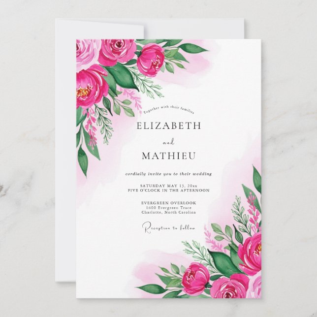 Fuchsia Lush Watercolor Wedding Invitation (Front)
