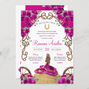 Fuchsia Magenta Floral Western Charro Quinceañera Invitation