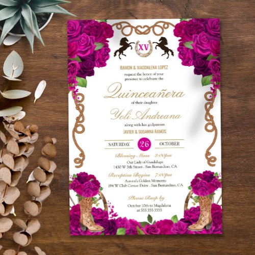 Fuchsia Magenta Roses Western Charro Quinceanera Invitation