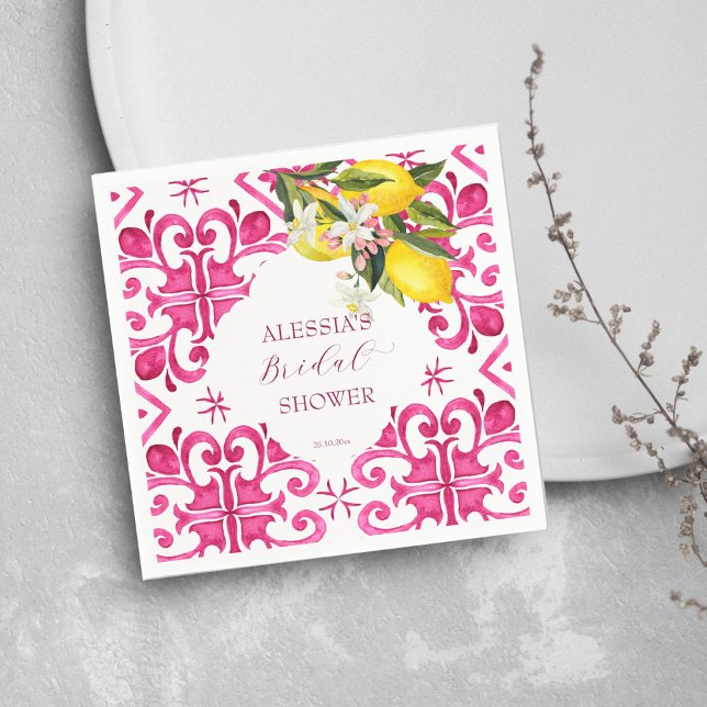 Fuchsia Majolica magenta tiles bridal shower  Napkins (Fuchsia Majolica magenta tiles lemons bunch bridal shower tableware personalized Napkins modern)
