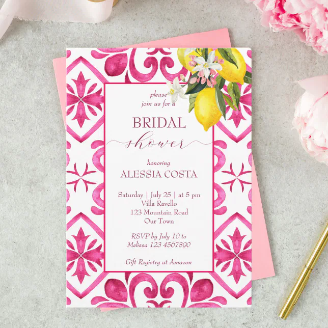 Fuchsia Majolica magenta tiles lemon bridal shower Invitation Zazzle