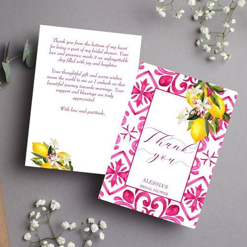 Fuchsia Majolica magenta tiles lemon bridal shower Thank You Card