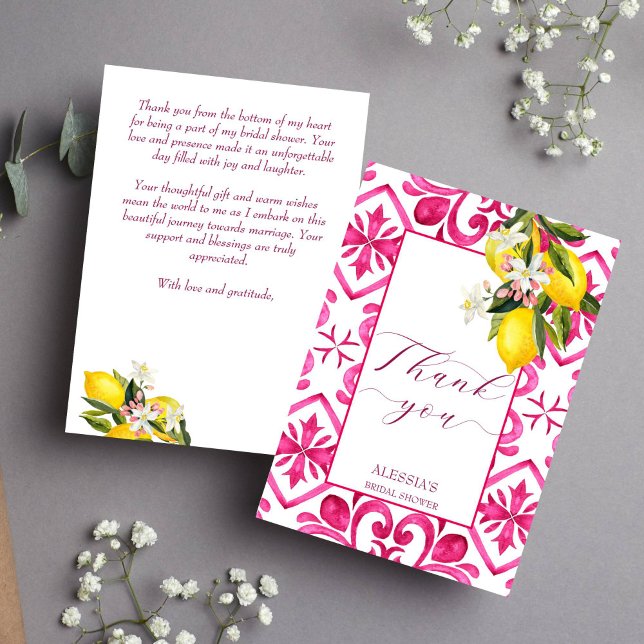Fuchsia Majolica magenta tiles lemon bridal shower Thank You Card (Fuchsia Majolica magenta tiles lemon bridal shower Thank You Card Italian Spanish Mediterranean them)