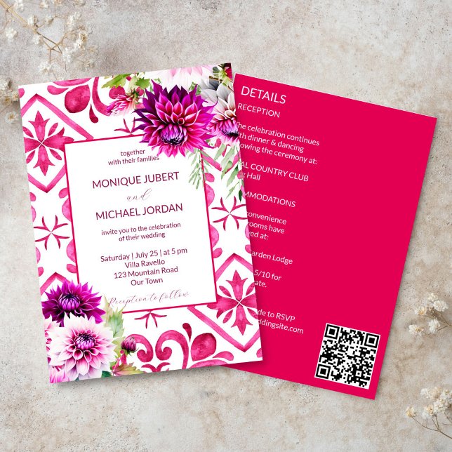 Fuchsia Majolica tiles magenta dahlia all in one Invitation (Fuchsia Majolica tiles magenta dahlia all in one simple wedding template Invitation digital download)