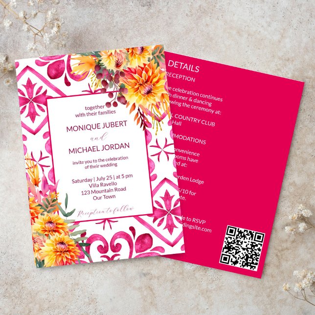 Fuchsia Majolica tiles orange dahlia all in one Invitation (Fuchsia Majolica tiles orange dahlia all in one wedding template Invitation digital download simple)