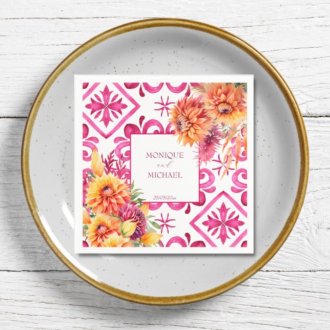 Fuchsia Majolica tiles orange dahlia template Napkins (Fuchsia pink Majolica tiles orange dahlia template Napkins personalized wedding tableware decor)